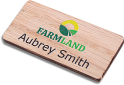 Printed Wooden Name Badges - Real wood name badge with printed logo and text | www.namebadgesinternational.ca